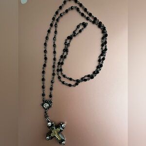 Virgins Saints & Angels black beaded necklace with Maria cross pendant